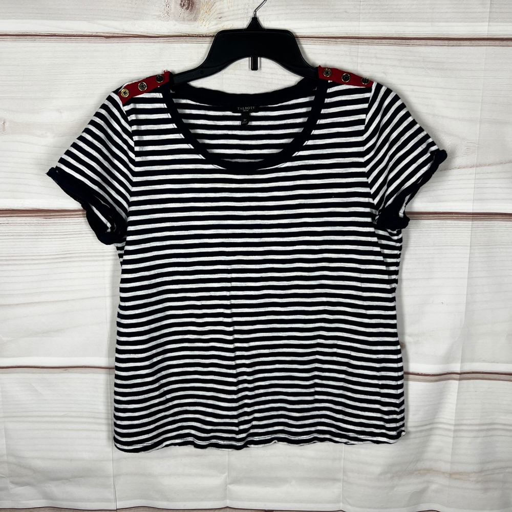 Talbots Striped T-Shirt Women PL Blue White Striped Button Shoulder Top Nautical